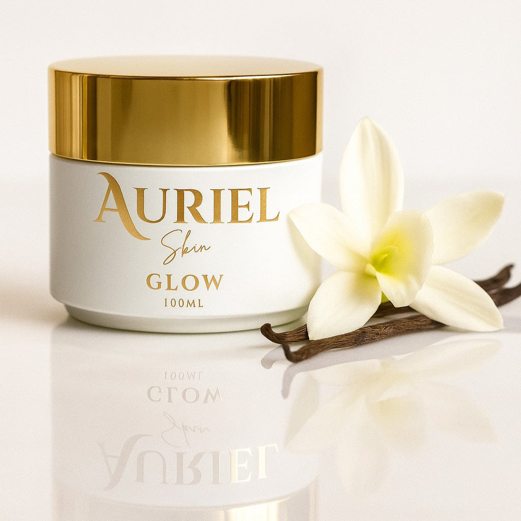 Auriel Glow is a 100% natural skin cream line. Our Cream is packaged in glass jar with a elegant gold-lid. Our Cream is made of made with Beef Tallow, Buffalo Tallow, Shea Butter, Kokum Butter, Jojoba Oil, Caster Oil, Rosehip Oil, Almond Oil, Apricot Seed Oil, Vanilla Essential Oil, Vanilla C02, 100% Natural, Cold Pressed, Organic, Hexane Free, Toxin Free, Chemical Free.