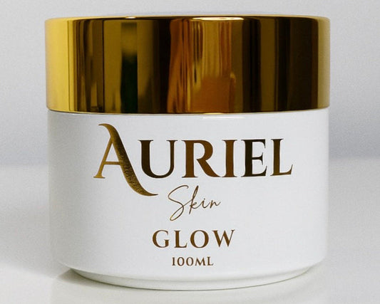 Auriel Glow natural skin cream in elegant gold-lid made with Tallow, shea, kokum, jojoba, caster oil, rosehip oil, almond oil, apricot seed oil. 100% natural, cold pressed, organic, hexane free, toxin free, chemical free