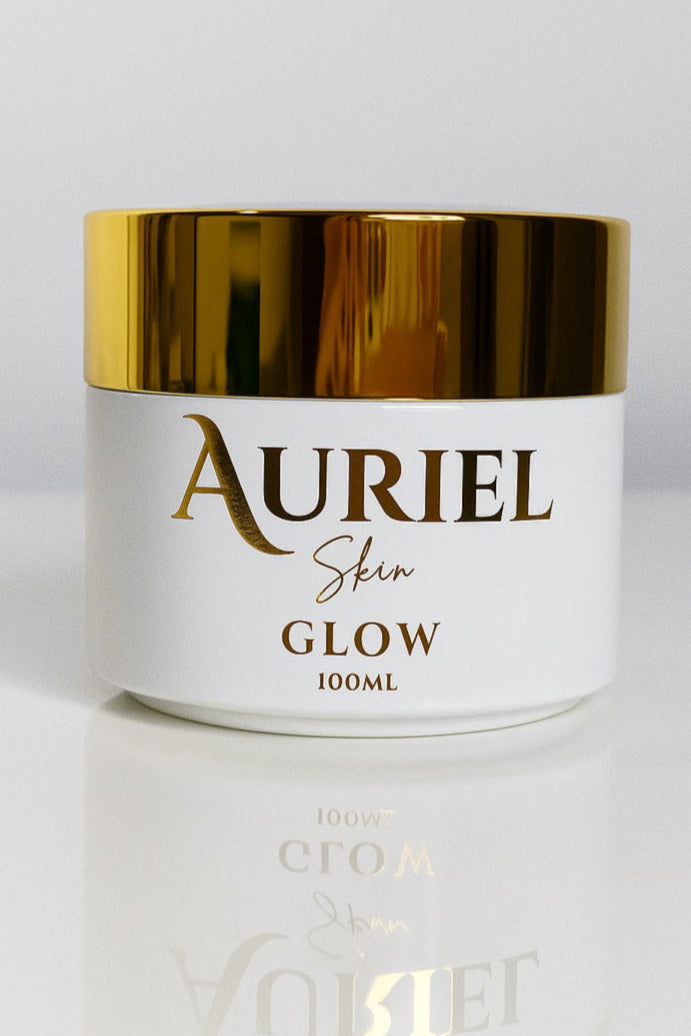 Auriel Glow natural skin cream in elegant gold-lid made with Tallow, shea, kokum, jojoba, caster oil, rosehip oil, almond oil, apricot seed oil. 100% natural, cold pressed, organic, hexane free, toxin free, chemical free