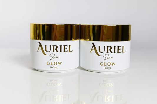Auriel Glow natural skin cream in elegant gold-lid made with Tallow, shea, kokum, jojoba, caster oil, rosehip oil, almond oil, apricot seed oil. 100% natural, cold pressed, organic, hexane free, toxin free, chemical free
